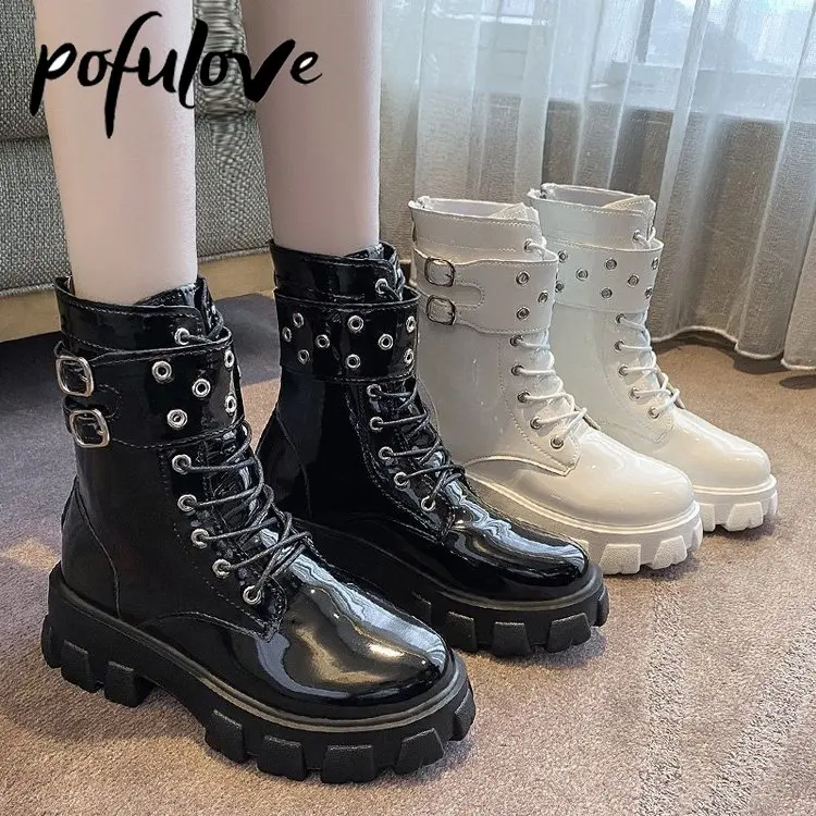 

Pofulove Patent Leather Boots Women Plus Size 43 Ankle Booties Platform Shoes Winter Fall Shoes Goth Boots Chunky Botas Fashion
