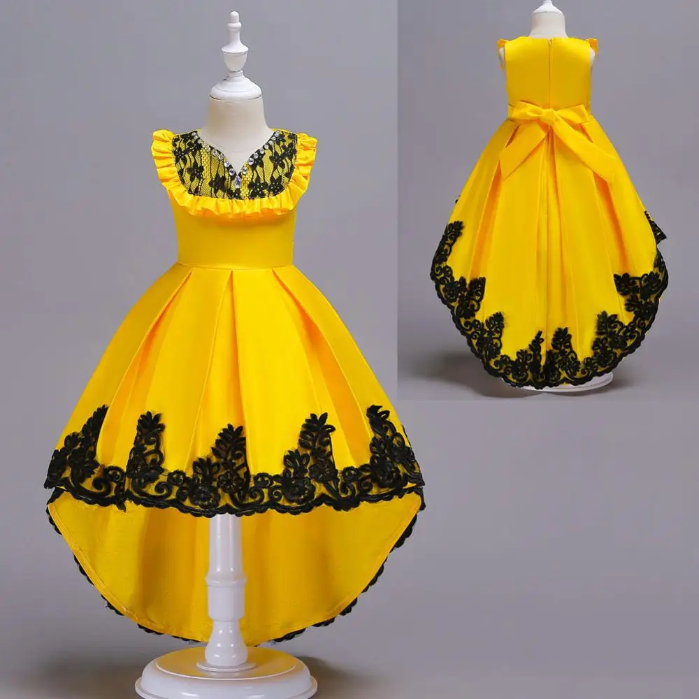 yellow Кружевное платье длиной до середины икры с жемчужным поясом; Одежда для девочек; вечерние платья принцессы для девочек; цвет красный, бежевый, синий, черный; асимметричное платье для выпускного вечера - Цвет: yellow