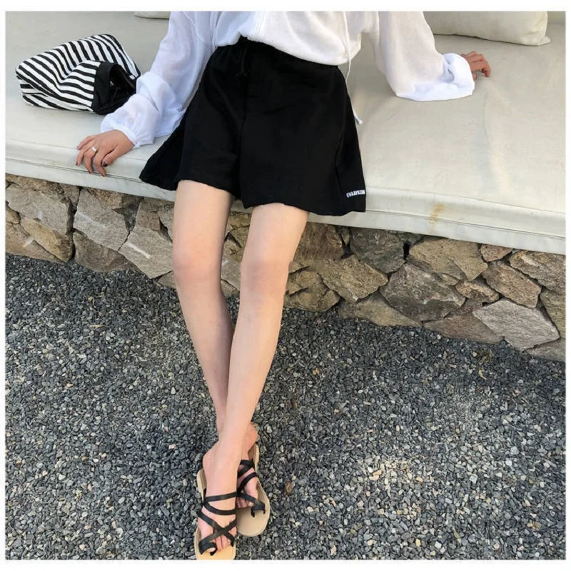 

Shorts Women Solid Embroidery Letter Oversize Loose Stylish Wide Leg Casual Korean Style Chic Drawstring Simple Female Shorts