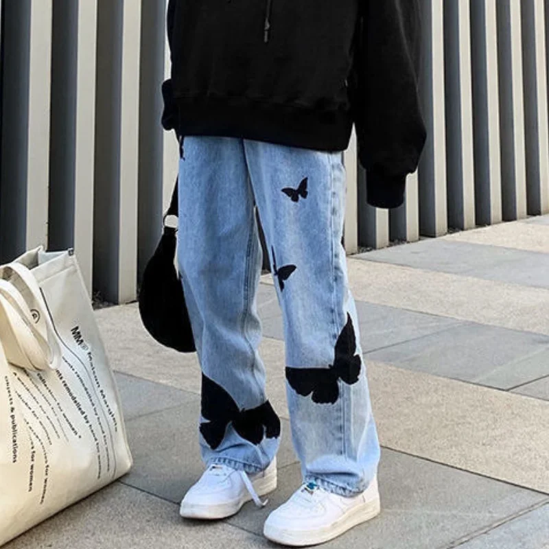 

Butterfly Printed Jeans Women's Korean Street Retro Hip Hop Gothic High Waist Was Thin 4XL Large Loose Wide Leg Long Pants y2k