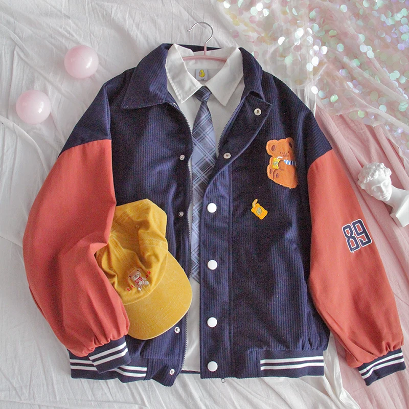 

Autumn Winter Women Jacket Vintage Short Contrast Girl Overcoat Loose Bat Sleeve Lapel Coat Bear Embroidery Wear Out Student Top