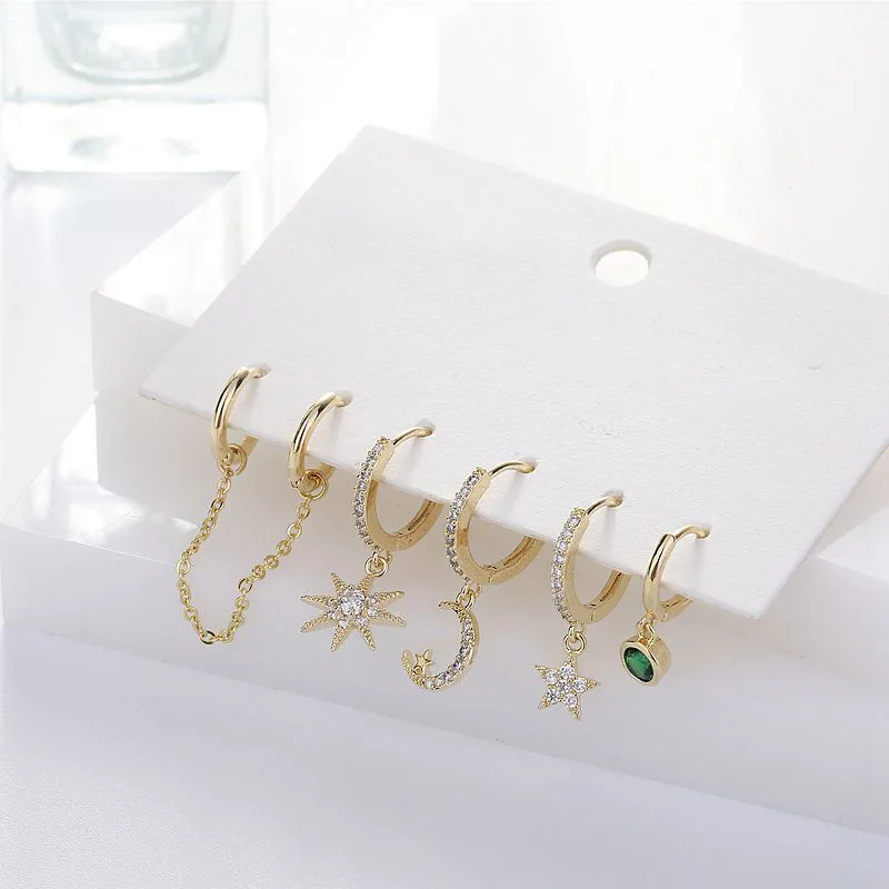 

New Korean Style Stars and Moon Zircon Crystal Earrings 6Pcs/Set Double Pierced Ears Chain Earring For Charm Women 2021 Jewelry