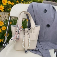 luxury leather bag fashion lady pearl bucket bag 2021 new wild one shoulder messenger bag large capacity silk scarf handbag