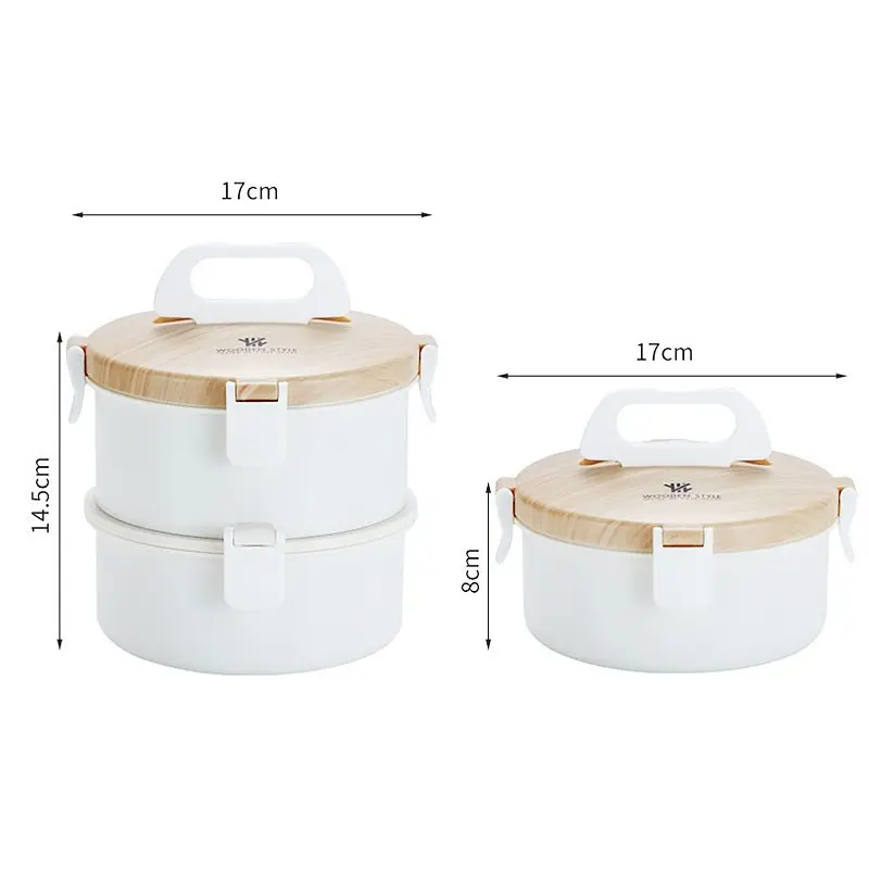 

portable circular Stainless Steel Lunch Box Wooden Feeling Multi-Layer Bento Box BPA Free Portable Container Box Workers Student