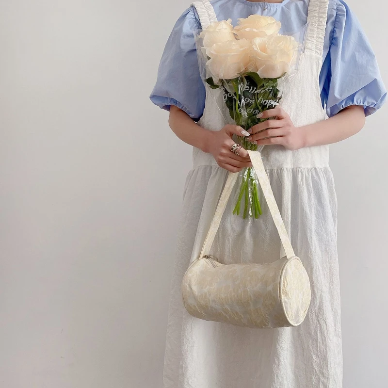 

Fashion Women Underarm Bag Knitted Flower Clutch Bag Round Bucket Bags Canvas Shoulder Tote HandBag Fashion Ladies Shoulder Bag