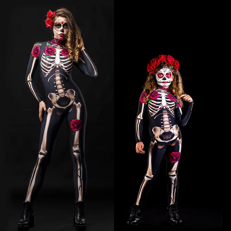 Rose Skeleton Adult Kids Scary Cosplay Costume Halloween Sexy Jumpsuit Carnival Party Women Girl Rompers Day The Dead clothing