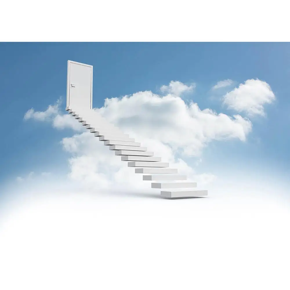 Виниловый тканевый фон для фотосъемки с изображением белых лестниц и облаков