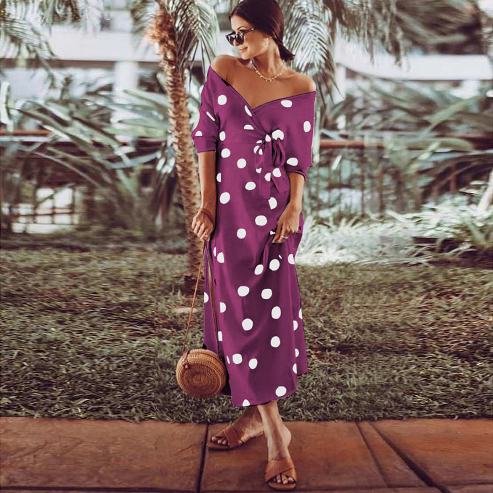 Summer Fashion Polka Dot Print V-neck Off Shoulder Dress Summer Polka Dot Print V-neck Off Shoulder Dress Vestidos De Mujer