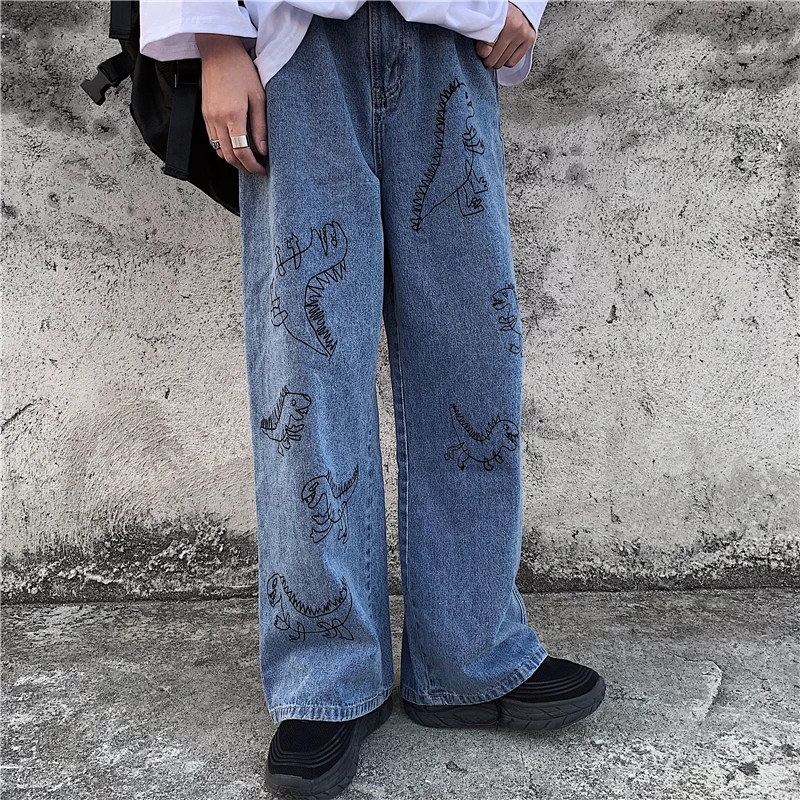Джинсы женские с принтом динозавра милые свободные штаны завышенной талией
