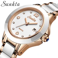 sunkta original brand ladies white ceramics bracelet quartz watch fashion casual watch women rose gold clock montre femme gift