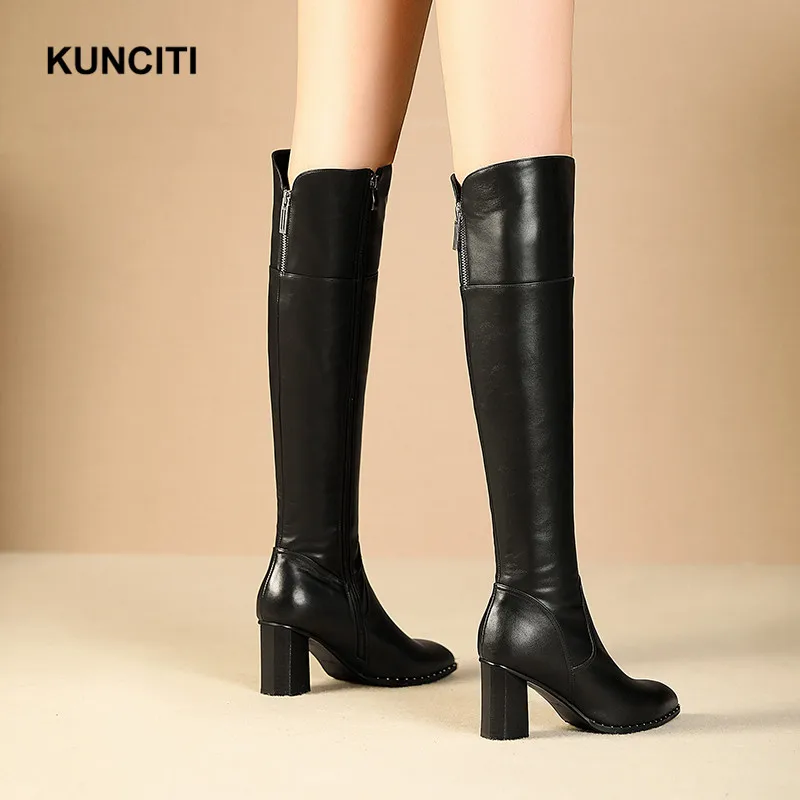 KUNCITI/; сапоги до колена; женские пикантные сапоги; большие размеры 34-42; черные сапоги из натуральной кожи; зимняя теплая обувь высокого качества; B921