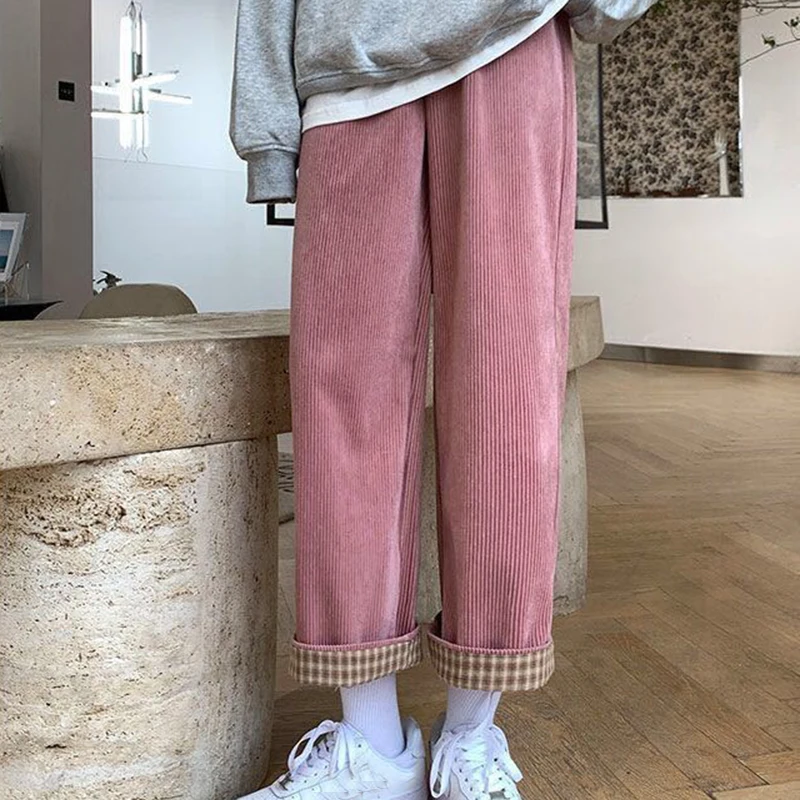 

Pink Corduroy Wide Leg Pants Women 2021 Autumn Winter Warm Plush Pants Woman Korean High Waist Loose Trousers Female