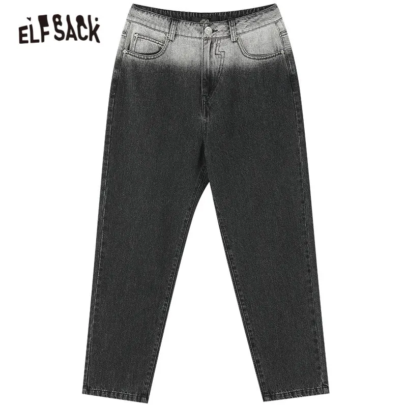 

ELFSACK Gray Gradient High Waist Washed Casual Women Denim Jeans,2020 Autumn ELF Fashion Korean Female Daily Basic Trousers