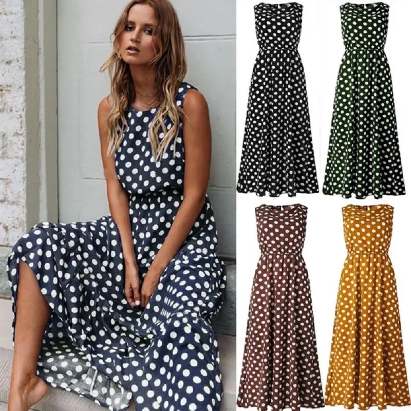 

Sleeveless Maxi Polka Dot Dress Women Boho Beach Party Chiffon Summer Dresses Elastic Waist Casual Elegant Long Dress Vestidos