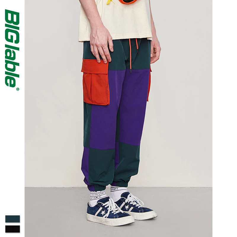 Большие уличные мужские брюки 2019 Осень Зима ветровка хип хоп цвет сшивание