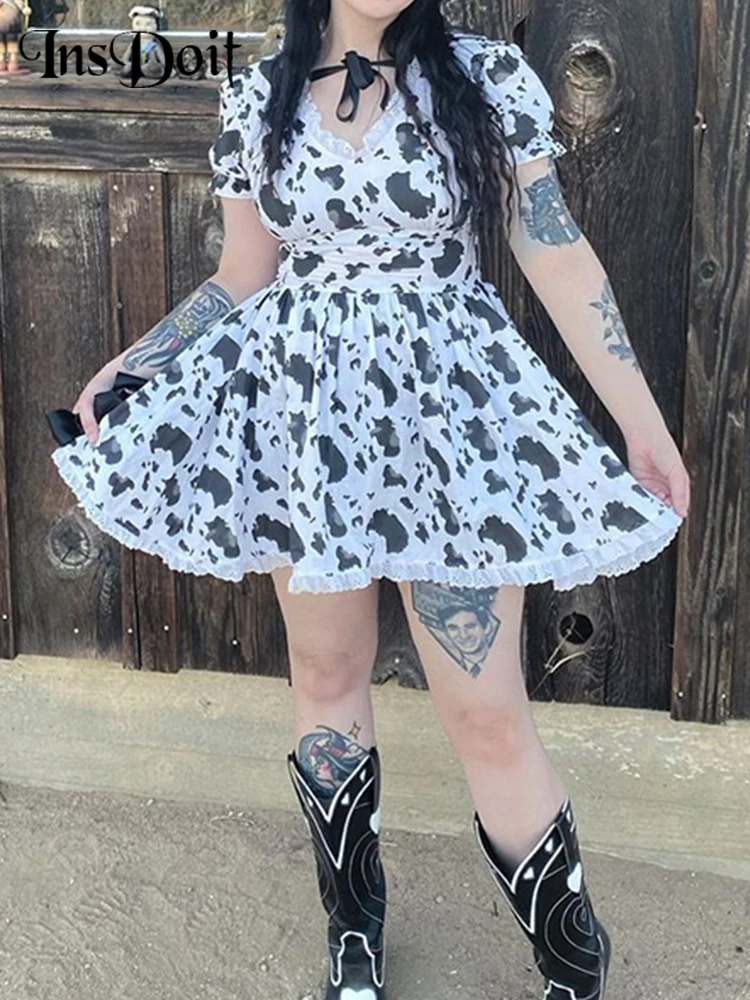 

InsDoit Gothic Lace Up Black White Dress Women Aesthetic Harajuku Short Sleeve E Girl Y2K Sexy Dresses Party Club Summer Dresses