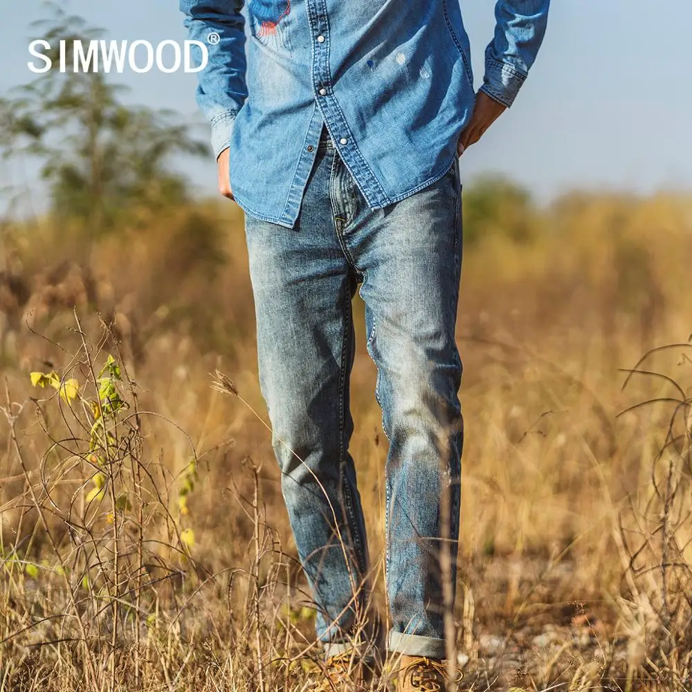 Мужские джинсы с рисунком SIMWOOD синие узкие рваные модель SJ170131 на весну и лето