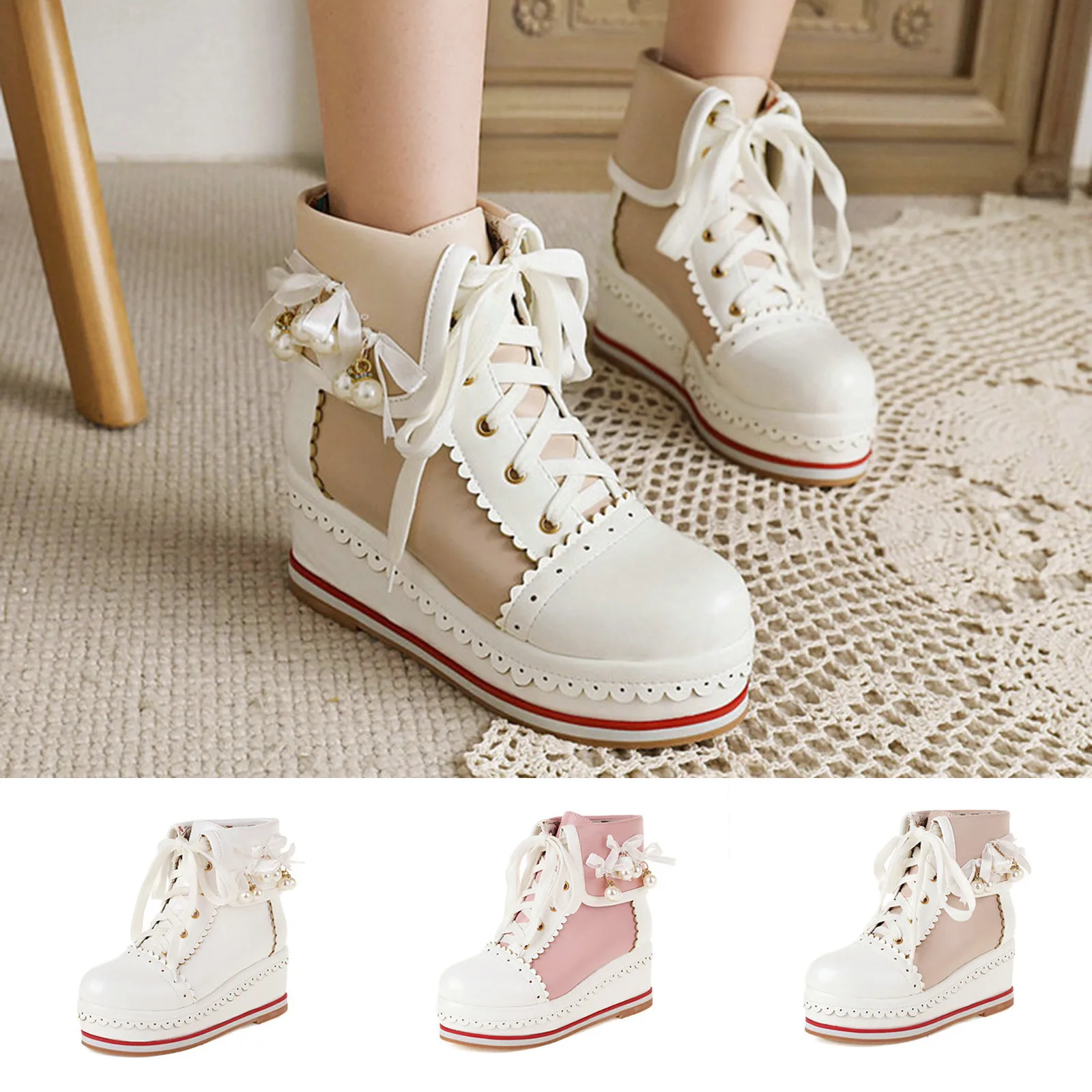 

Брендовые дизайнерские милые качественные ботинки Лолиты на платформе на шнуровке для косплея броги кроссовки на танкетке ботильоны больш...