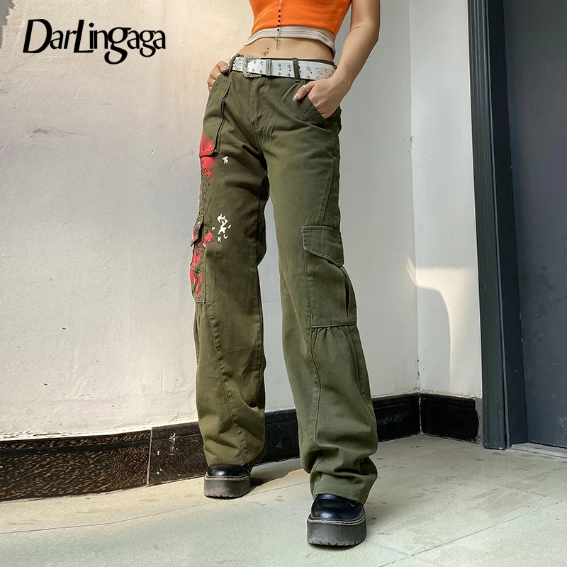 

Darlingaga Streetwear Retro Green Printed Graphic Low Rise Jeans Straight Cargo Pants Denim Casual Pockets Baggy Jeans Aesthetic
