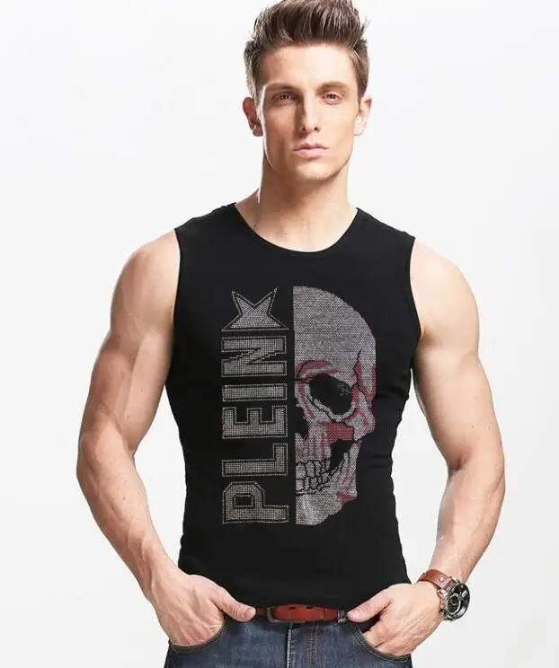 

Men Summer Stylish Fashion Hot drill Sleeveless Ripped Slim Vest Fitness Bottoming Top Sleeveless Bodybuilding Sport Tank Top