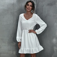 2021 spring new pure white high waist commuter long sleeve dress womens outfits office lady wear casual streetwear party dress