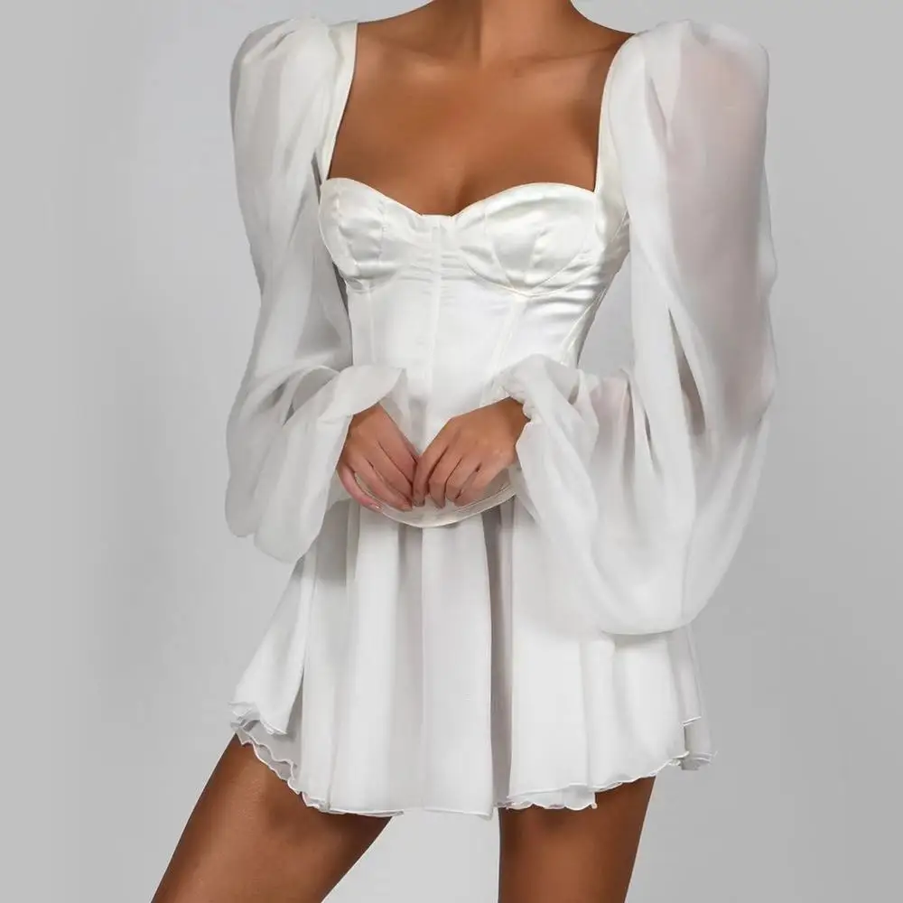 

AL 2021 Summer Selling Solid Color Fashion OL Temperament Lantern Sleeve Tight Chest Wrapped Chiffon Beach Wind Sexy Party Dress