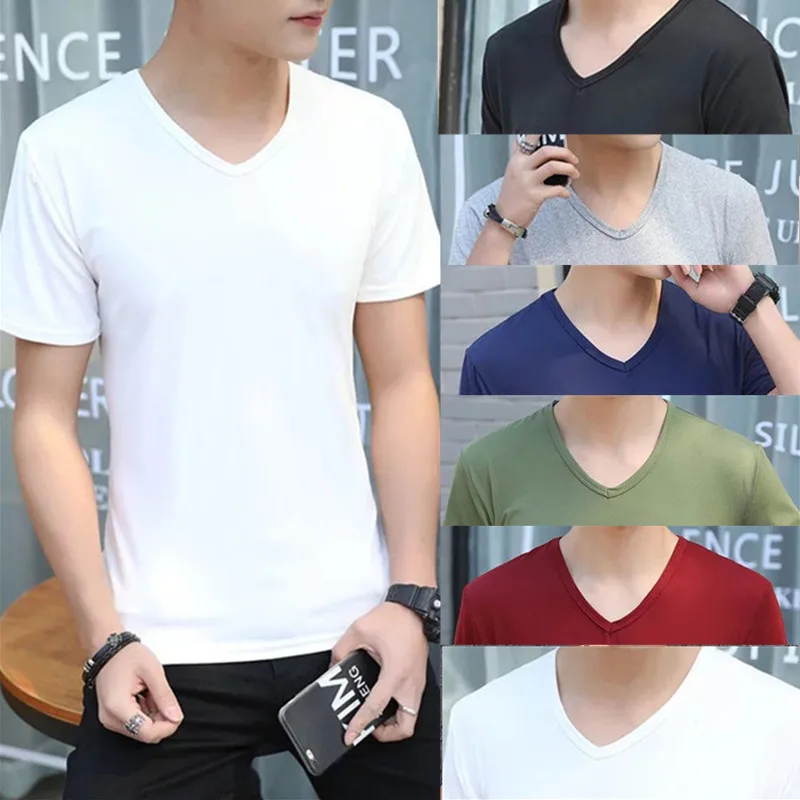 

2020 new solid color short-sleeved T-shirt men's fruit-colored V-neck t-shirt undershirt youth JT006