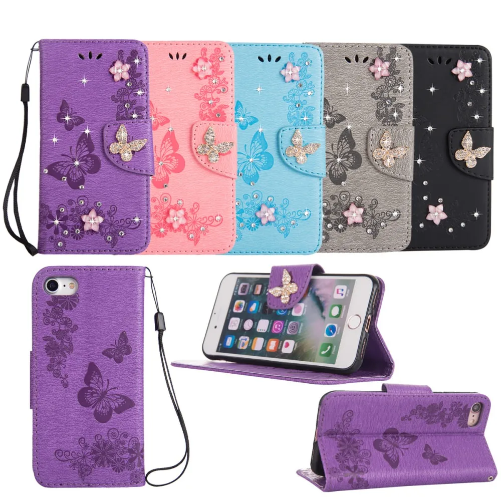 Кожаный чехол бумажник с бабочкой для IPhone 11 12 Pro Mini Xs Max Xr X 8 7 Plus 6 6s 5s 5 SE 2020 блестящий