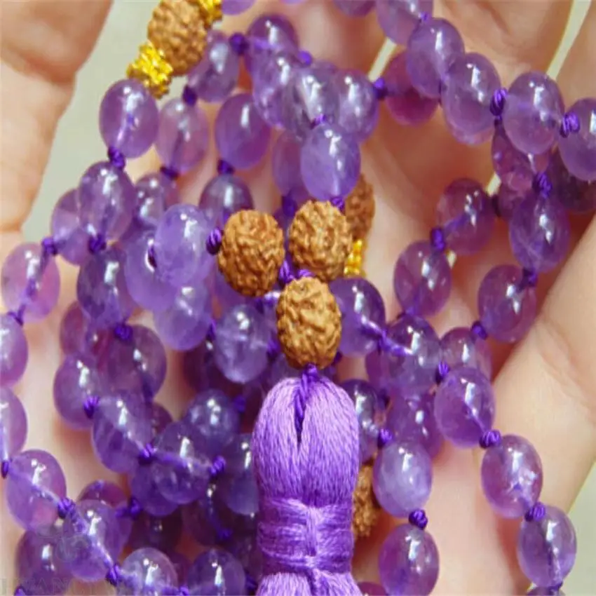 

8mm Amethyst Gemstone Rudraksha Tassel Mala necklace Bless energy Handmade spirituality Fancy yoga Tassel Unisex Veins natural