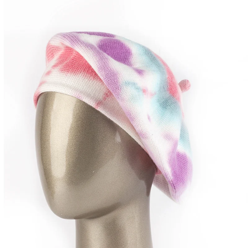 Geebro Womens Fashion Knitted Beret Hats Winter Tie dye Print Autumn Beret Hat Warm Painter Caps Newsboy Hat Beanie Hat Gorras