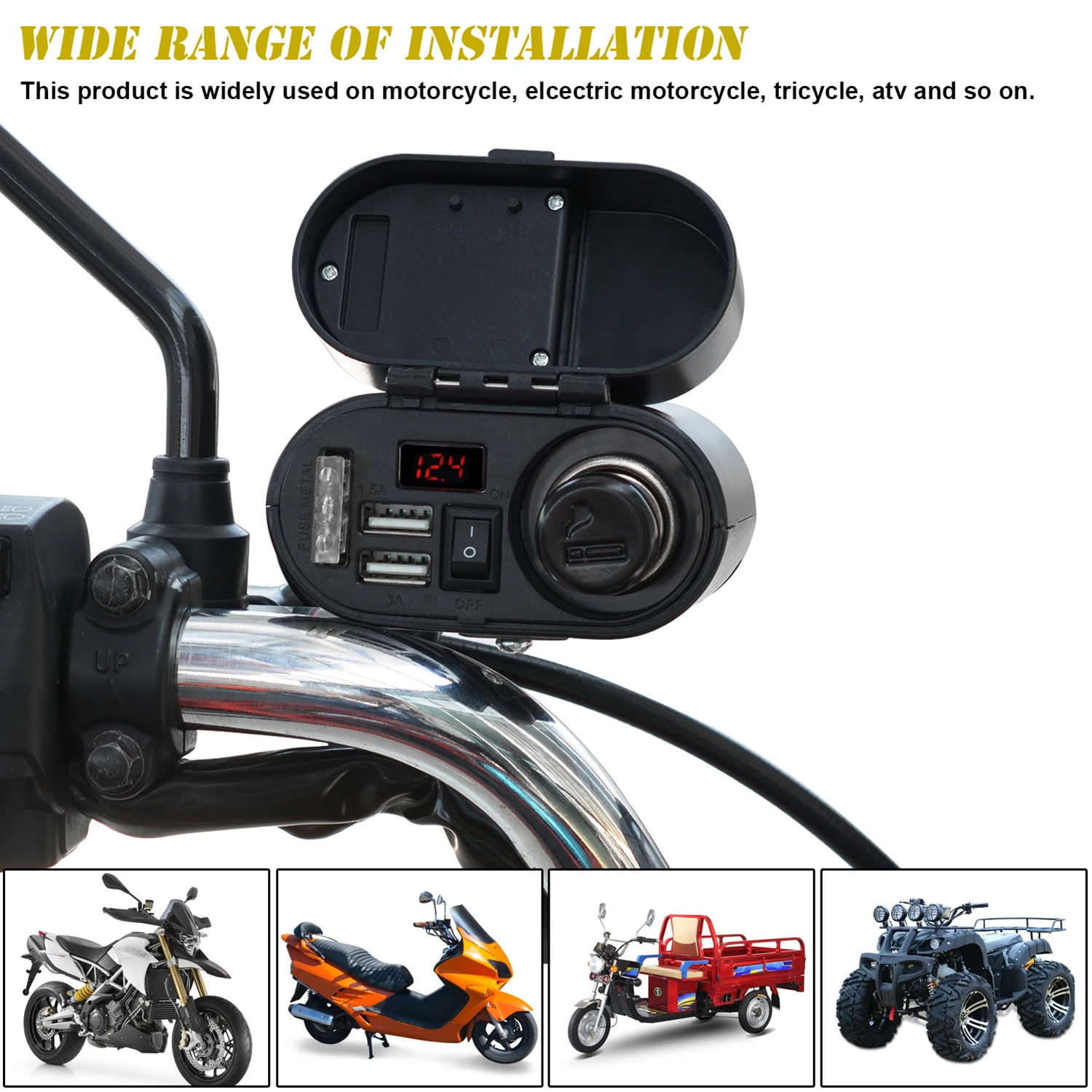 

Motorcycle Cigarette Lighter Socket Dual USB Quick Charger Voltmeter Digital Clock Switch Control Waterproof OCP