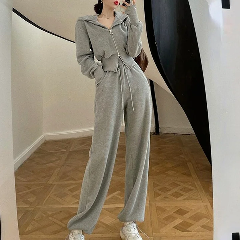 

Женский спортивный костюм, осенний спортивный костюм черного цвета с длинным рукавом на молнии, с капюшоном, однотонные повседневные штаны-...