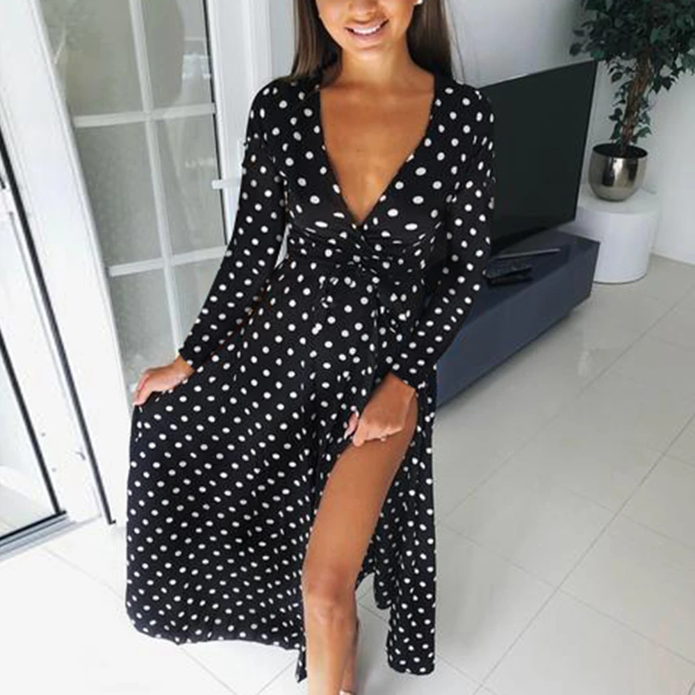 MoneRffi Для женщин летний богемный с длинными рукавами в горошек длинное платье