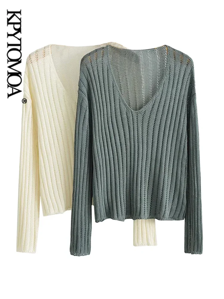 

KPYTOMOA Women Fashion Loose Fitting Knit Sweater Vintage V Neck Long Sleeve Female Pullovers Chic Tops