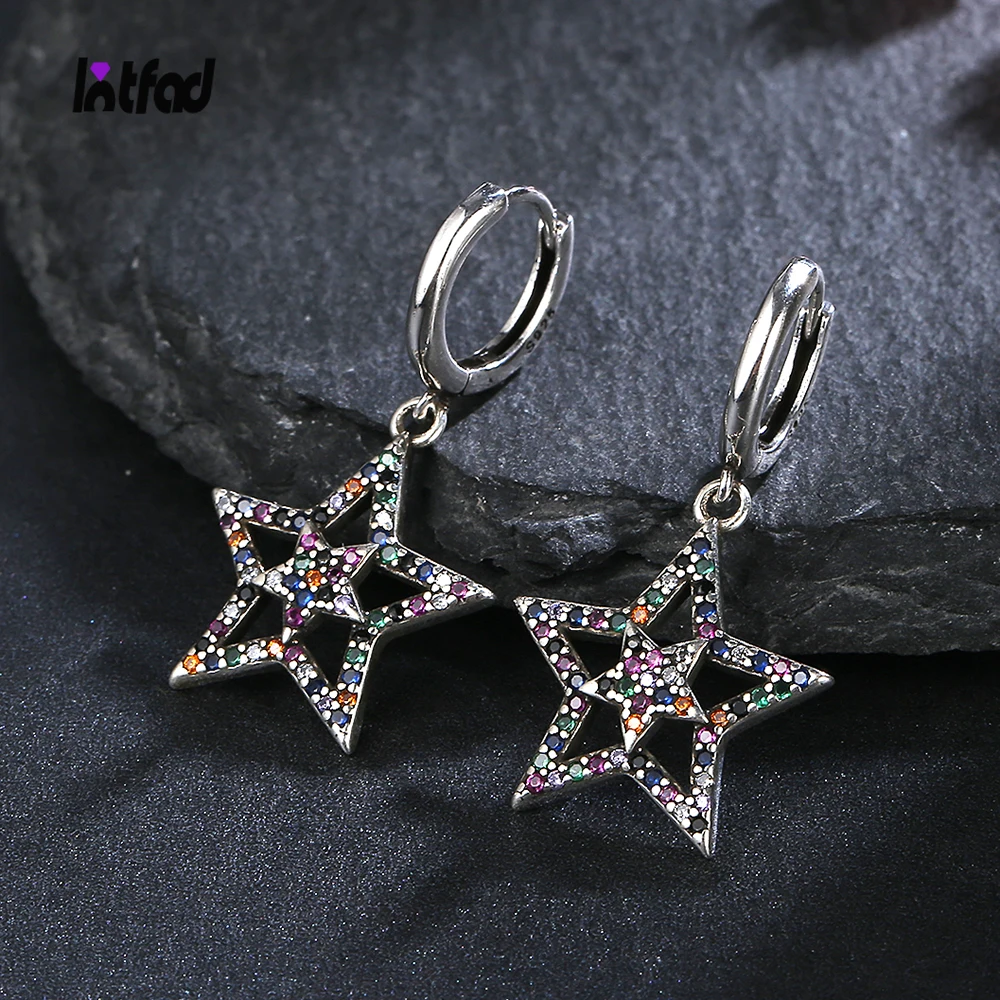

925 Sterling Silver Star Hoop Earrings Colorful Zircon Fashion Wedding Party Jewelry Wholesale Luxury Dainty Earrings for Women