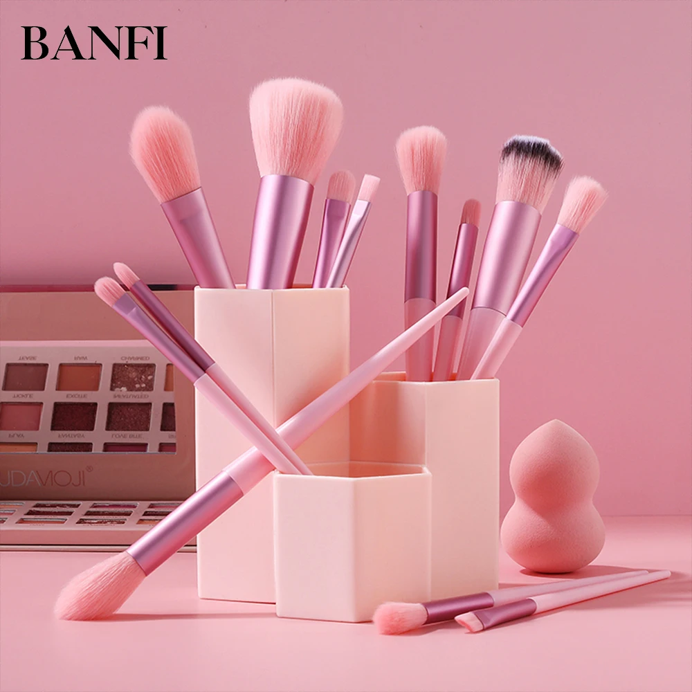 

BANFI Pink Makeup Brushes Set Powder EyeShadow Cosmetic 12pcs Concealer Foundation Blush Blending Eyebrow Beauty Brush Tools