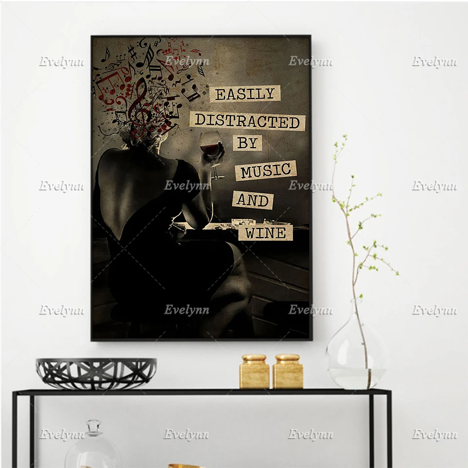 

Music And Wine Lovers Gifts Easily Distracted By Music And Wine Retro Poster Wall Art Prints Home Decor Canvas Floating Frame