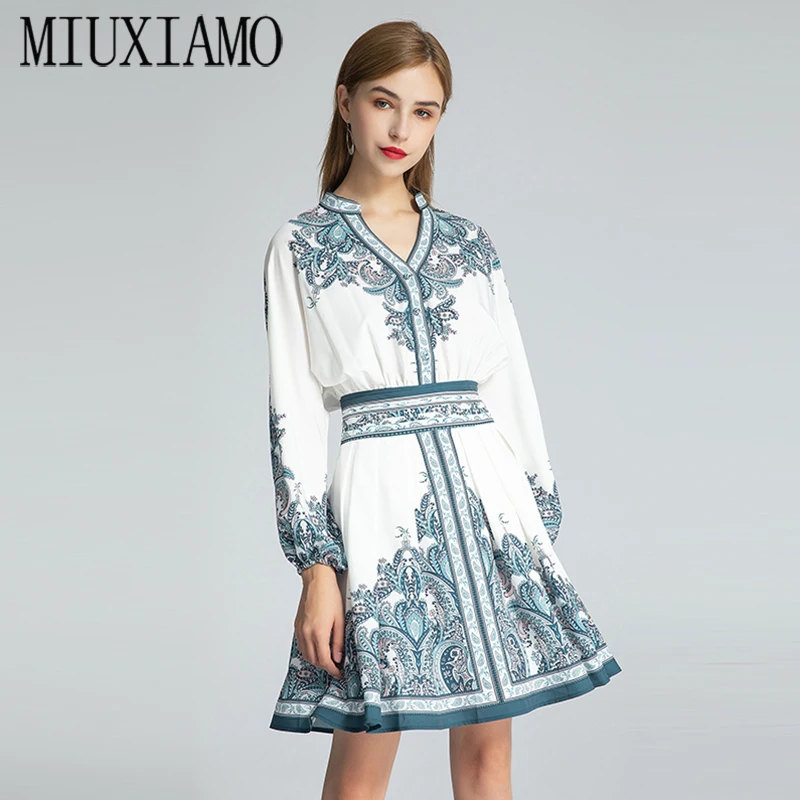 

MIUXIMAO Luxurious 2020 Fall dress Party dress Flower Print V-neck Above Knee Office Lady Casual Dress Women Vestidos