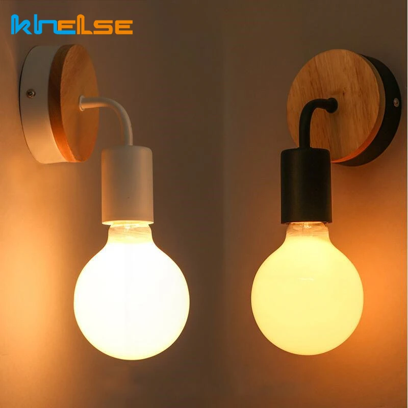 

Nordic Retro Wood Wall Lamp E27 Indoor Bedroom Bedside Sconce Lighting Fixture Industrial Iron Wall Lights Home Decorative