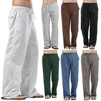 summer men solid color linen multi pocket straight casual pants plus large size breathable comfortable drawstring loose trousers