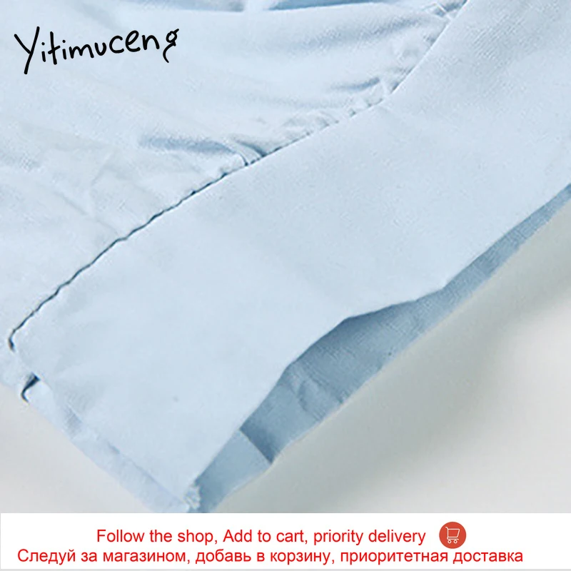 

Yitimuceng Blouse Women Button Up Shirts Peter Pan Collar Puff Sleeve Straight Solid Blue 2021 Summer Korean Fashion New Tops