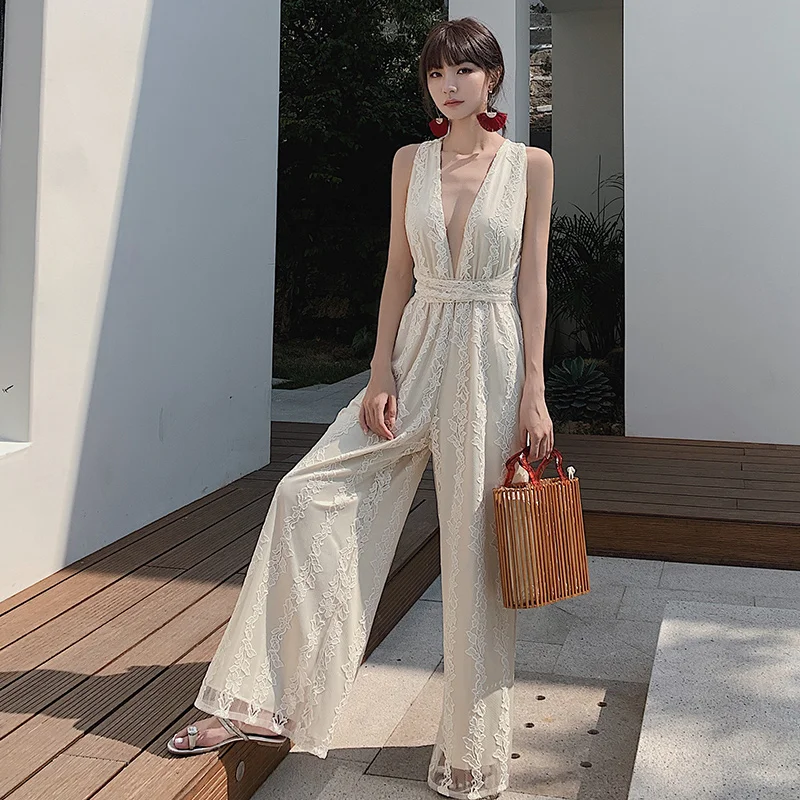 Женский Длинный комбинезон с V-образным вырезом кружевной открытой спиной и