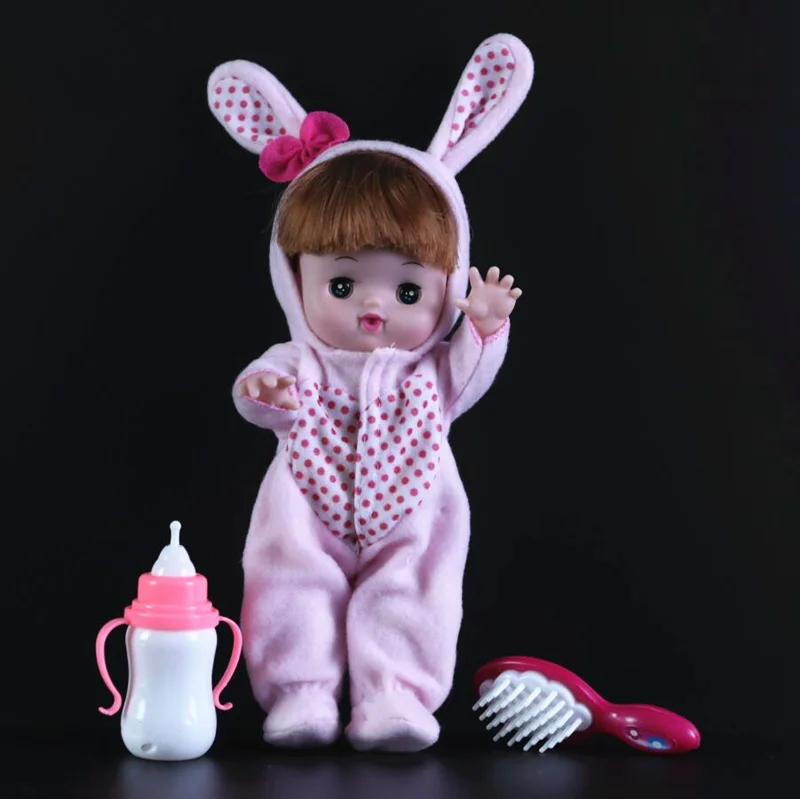 

[Funny] Very cute 28cm Reborn Baby Dolls electronic music talking speak doll model Figures bunny suit clothes girl gift
