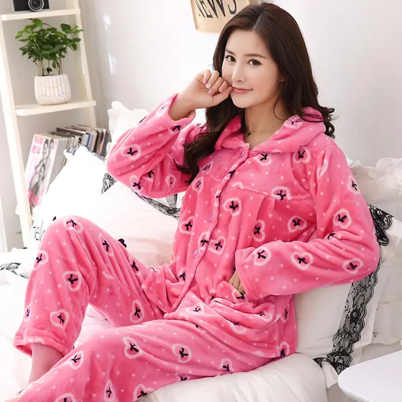 Пижама женская фланелевая с длинным рукавом теплый домашний костюм одежда для