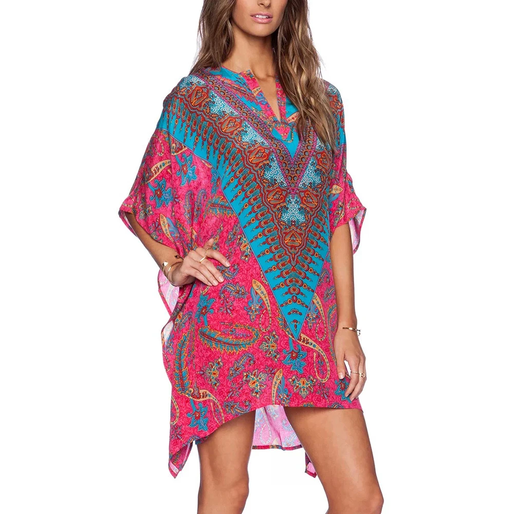 Suelto con cuello en V De las mujeres vestido manga murciélago estampado De tótem étnico De talla grande túnica Boho vestido, Vestidos De Mujer