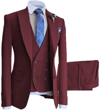 Burgundy Casual Male Suits 3Pcs Jacket Pants Vest Peak Lapel Blazer Trousers Tailor-made Man Suits Dinner Party Wear For Wedding (2)