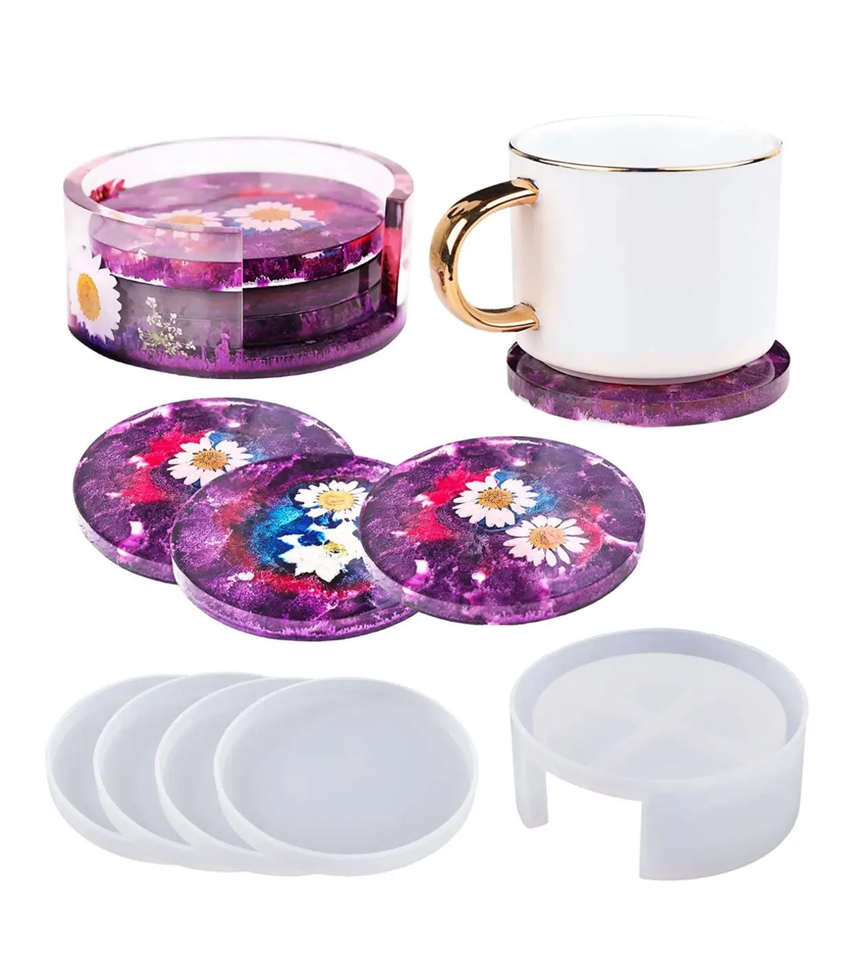 

4-pcs set of resin coaster resin mold, silicone coaster storage box mold, epoxy resin mold for resin, coaster, home decoration