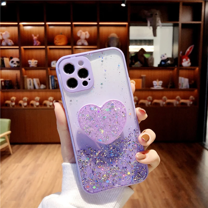 

Bling Star Glitter Love Heart Phone Cases For iPhone 11 Pro Max Mini 12 Pro XR XS MAX 8 X 7 Plus SE Love Ring Bracket Soft Shell