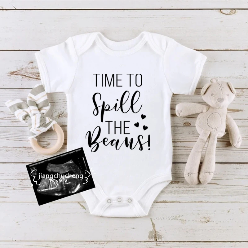 

Time to Spill the Beans Funny Newborn Bodysuits Baby Announcement Onesies Cotton Boys Girls Romper Body Pregnancy Reveal Clothes