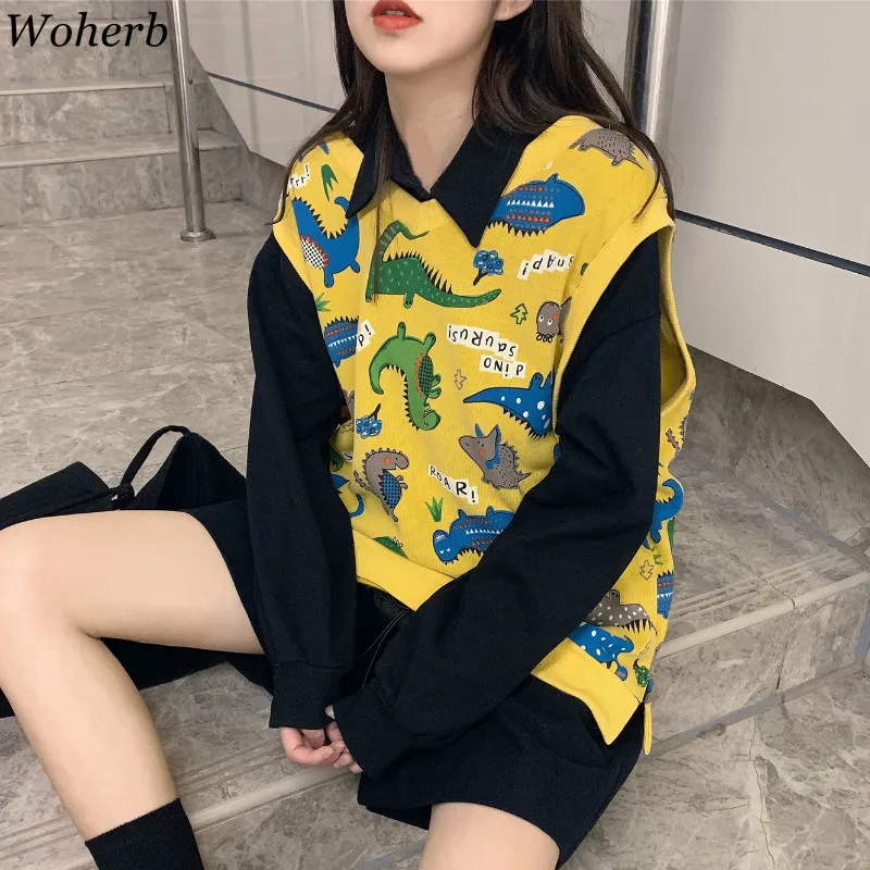 Woherb Женский вязаный жилет с v-образным вырезом Harajuku Kawaii с рисунком динозавра Женский Повседневный безрукавный вязаный жилет